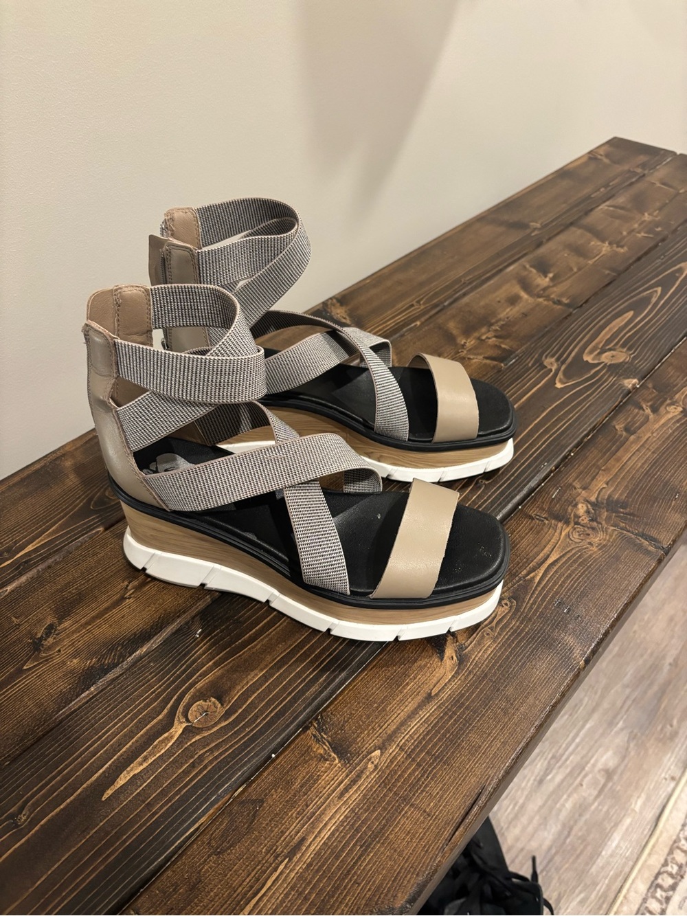 Sorel Neutral Strappy Wedge Sandals in Taupe and Gray
